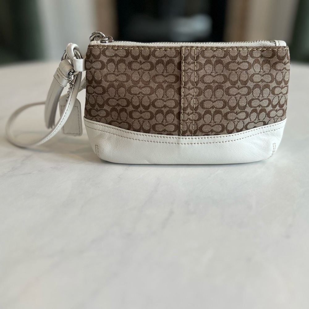 Coach Brown Signature Canvas Wristlet with White Leather Trim